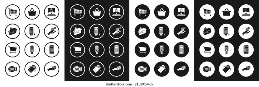 Set Shopping cart on screen computer, Pos terminal with inserted credit card, Credit, Human hand holding blank receipt or bill for payment, basket,  and  icon. Vector