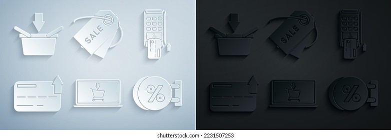 Set Shopping cart on screen laptop, Pos terminal with inserted credit card, Credit, Signboard hanging an inscription discount percent, Price tag Sale and basket icon. Vector
