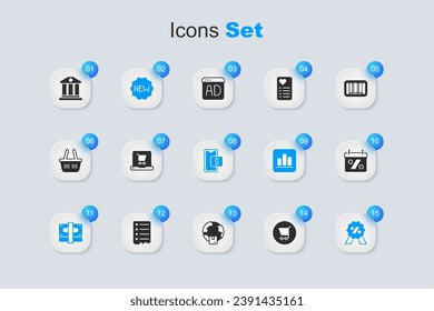 Set Shopping cart, on screen laptop, Price tag with New, Stacks paper money cash, Discount percent, Bank building and Mobile shopping icon. Vector
