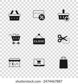 Set Shopping cart on screen laptop, Scissors cuts discount coupon, Paper shopping bag, Hanging sign with text Closed, Add basket, Discount card percent and and food icon. Vector