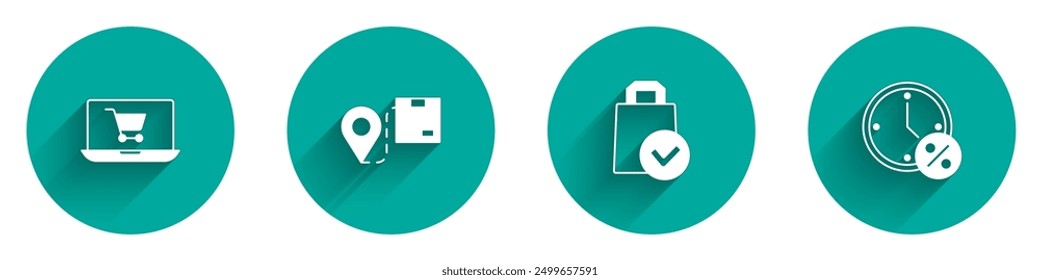 Set Warenkorb auf Bildschirm Laptop, Lage mit Karton, Papier Einkaufstasche und Uhr und Prozent Rabatt-Symbol mit langem Schatten. Vektorgrafik