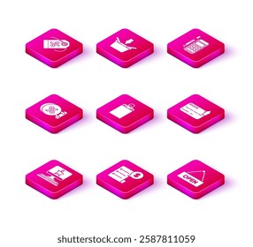 Set Shopping cart on screen computer, Signboard hanging with inscription discount percent, shopping bag, Hanging sign text Open door, Credit card, Pos terminal inserted credit and basket icon. Vector