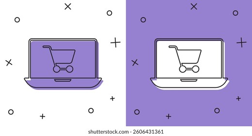 Set Shopping cart on screen laptop icon isolated on white and purple background. Concept e-commerce, e-business, online business marketing.  Vector