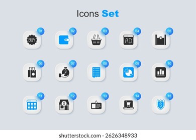 Set Shopping cart on screen laptop, Money bag, Wallet, Online shopping, Shield with dollar, Pie chart infographic, Buy button and list icon. Vector