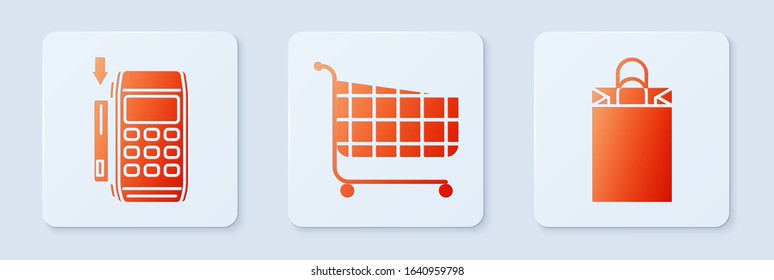 Set Shopping cart, Pos terminal with inserted credit card and Paper shopping bag. White square button. Vector