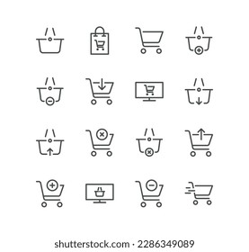 Set of shopping cart related icons, express checkout, mobile shop, add, refresh and linear variety vectors.