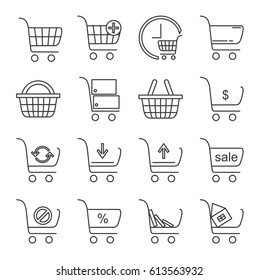 Set of shopping cart Related Vector Line Icons. Includes such Icons as shopping cart, grocery cart, online shopping, buy books, discount, sale, upgrade, recycle bin, Internet shop