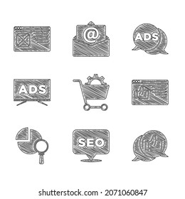 Establecer carrito de compras, optimización de SEO, clasificación de productos del cliente, ventana Navegador, vidrio y análisis de aumento, publicidad e icono. Vector