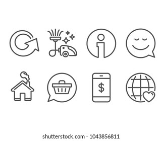 Set of Shopping cart, Smartphone payment and Smile icons. Vacuum cleaner, Reload and International love signs. Dreaming of gift, Mobile pay, Chat emotion. Vacuum-clean, Update, Internet dating