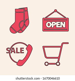 Set Shopping cart, Socks, Hanging sign with Open and Telephone 24 hours support icon. Vector