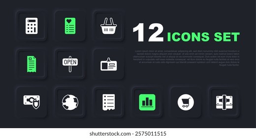 Set Shopping cart, Stacks paper money cash, Hanging sign with text Open, Pie chart infographic, Financial check, Worldwide, list and  icon. Vector