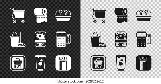 Set Shopping cart, Toilet paper roll, Chicken egg box, Buy button, Yogurt container, Fire exit, Mop and bucket and Meat packaging steak icon. Vector