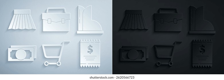Set Shopping cart, Waterproof rubber boot, Stacks paper money cash, Paper check and financial check, Briefcase and Skirt icon. Vector