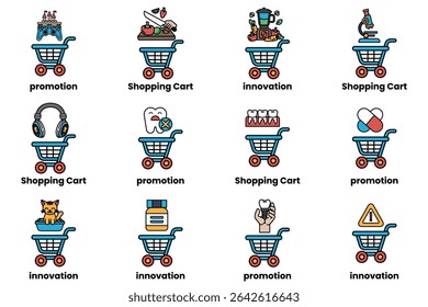 A set of shopping carts with different icons on them, including shopping cart, promotion, shopping cart, and innovation