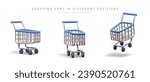 Set of shopping carts in different positions. Vector illustration with shadows, mockup. Time to shop. Empty basket. Color illustrations for website design, online store application