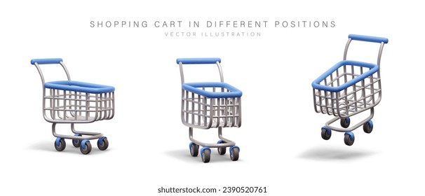 Set of shopping carts in different positions. Vector illustration with shadows, mockup. Time to shop. Empty basket. Color illustrations for website design, online store application