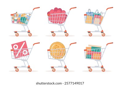 Set of shopping carts. Grocery trolley, food products, sale and discount sing, wrapped gifts, gold coin, romantic hearts. Marketing promotion. Business icon. Cartoon flat vector illustration