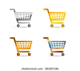 Set of shopping carts icons made of silver, gold and bronze metal on white