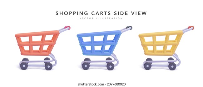 Conjunto de carritos de la compra vistas laterales aisladas sobre fondo blanco en un estilo 3d realista. Ilustración del vector