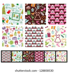 Set of shopping, Christmas, food and abstract seamless patterns. Use as fills for digital paper, scrap booking projects or print onto fabric for unique home furnishings.