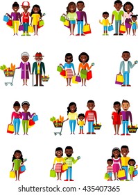 Set of shopping concept african american family, young, pregnant, old buyer.
Vector illustration african american people, family in the shop.