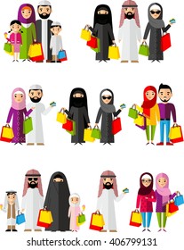 Set shopping concept with arab people in colorful style.
Vector illustration arabian man and woman, arab family in the shop.
