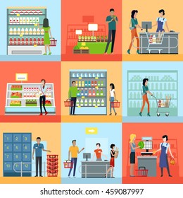 Set of shopping concepts vectors in flat design. Customers service and working process in supermarket. Consumer choice and merchandising strategy. Store assortment. Cashier, seller, guard at work.   