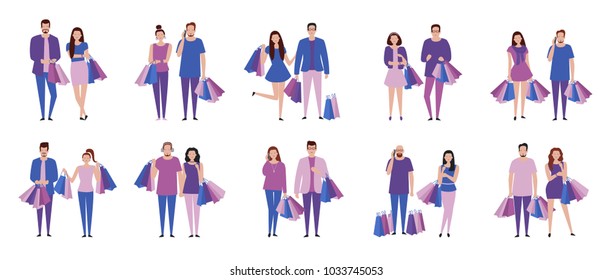 Set of shopping couples. Vector illustration of people with purchases in flat design