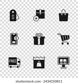 Set Día de compras, carrito, compras en línea en pantalla, caja de regalo, bolsa de papel, etiqueta de precio con dólar, cartón de cartón e icono móvil. Vector