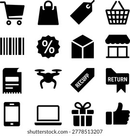 Set of shopping and delivery icons featuring carts bags discounts drones returns and gift packages