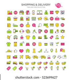 Set of shopping and delivery icons thin line color style isolated on white background. Perfect for your app design and business. Vector Illustration