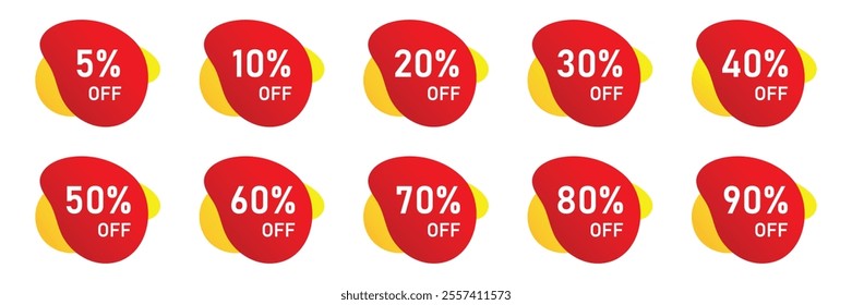 Set of shopping discount tag. Product discount label with 5,10,20,30,40,50,60,70,80,90 percent off symbol. Vector Illustration.