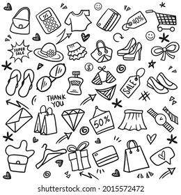 Set of Shopping Doodle Sketch, Shopping Hand Drawn