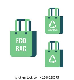 Set of Shopping eco tote bag with recycling symbol, no plastic in a flat style. Zero waste concept isolated from background