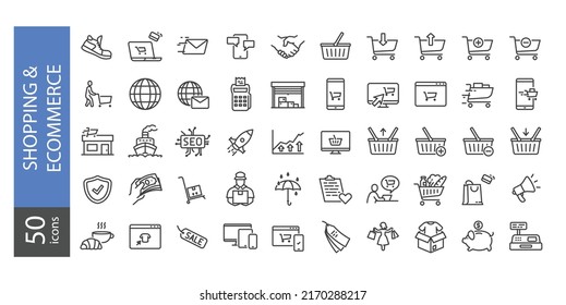 Set of Shopping and Ecommcerce Line Icons. Contains such Icons as Delivery Service, Coffee Break, SEO, Cart, Email Marketing, Website, Werehouse, Start Up etc. Editable stroke 64X64 Pixel Perfect