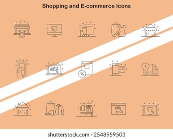 Conjunto de iconos de compras y comercio electrónico que ilustran las compras en línea y las actividades minoristas adecuadas para los temas de negocios y tecnología.