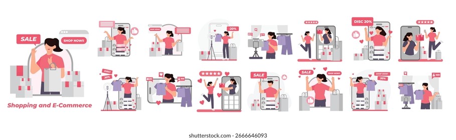 Conjunto de ilustraciones de compras y comercio electrónico en estilo plano. Tienda en línea, venta, entrega y actividades de compras de Clientes. Ilustraciones vectoriales aisladas planas sobre fondo blanco.