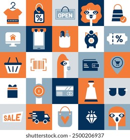 Set of shopping elements. Blue and dark blue grid of modern graphic elements for retail. Clothing, girls, baskets, credit card, gifts, piggy bank, grocery, computer, tags, signs, valet, delivery van.