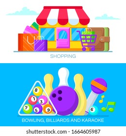 Set of shopping and entertainment banners design. Vector illustration