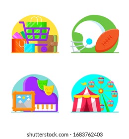 Set of shopping and entertainment illustration. Vector illustration