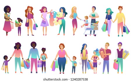 Set of shopping family people isolated vector illustration set.