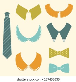 Set of shopping fashion icons. Retro colorful clothing items: bow, collar, tie.Hipster vector design set. Vector illustration
