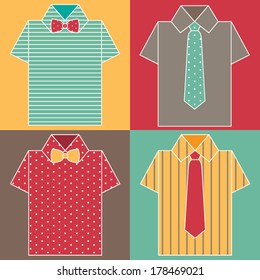 Set of shopping fashion icons. Vector colorful men's shirt with tie and bow tie. Hipster clothing. Vector illustration.