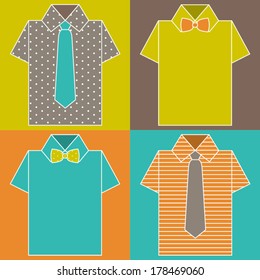 Set of shopping fashion icons. Vector colorful men's shirt with tie and bow tie. Hipster clothing. Vector illustration.