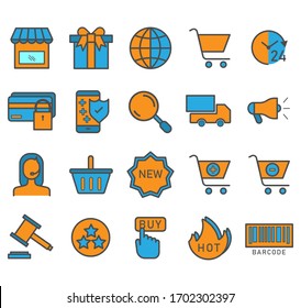 Juego de iconos planos de compras. Ilustración del vector