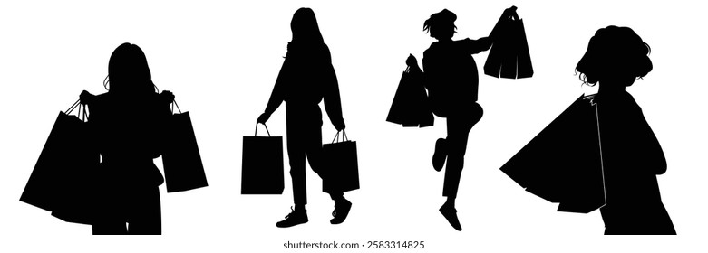 set of shopping girl silhoutte, vector illustration 