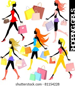 set of shopping girls silhouettes and paper bags in vector format very easy to edit, individual objects