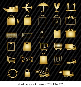 Set of shopping gold icons on Black pattern