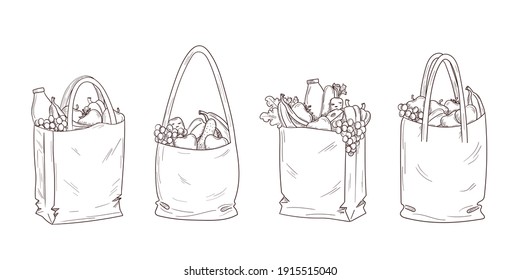 Juego de bolsas de compras y de compras en boceto, estilo dibujado a mano.Vida ecológica. Granja natural de alimentos saludables. Salvemos el planeta y el medio ambiente. Sin desperdicios ni plástico. Ilustración vectorial aislada