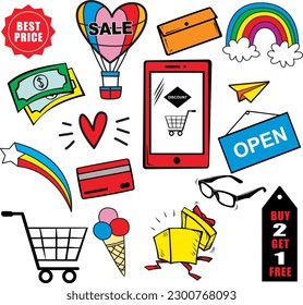 Juego de ícono de compras aislado en fondo blanco. Ilustración del vector 